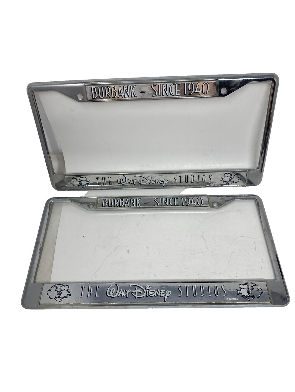 Set of 2 Walt Disney Studios Burbank Since 1940 Chrome License Plate Frames